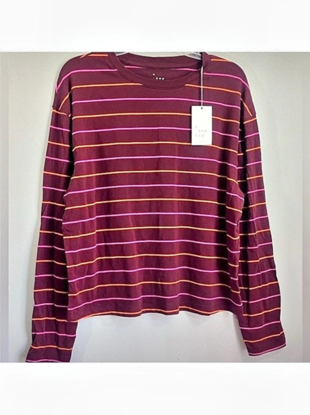 A New Day Womens Large Burgundy Pink Orange Striped Long Sleeve Top NWT